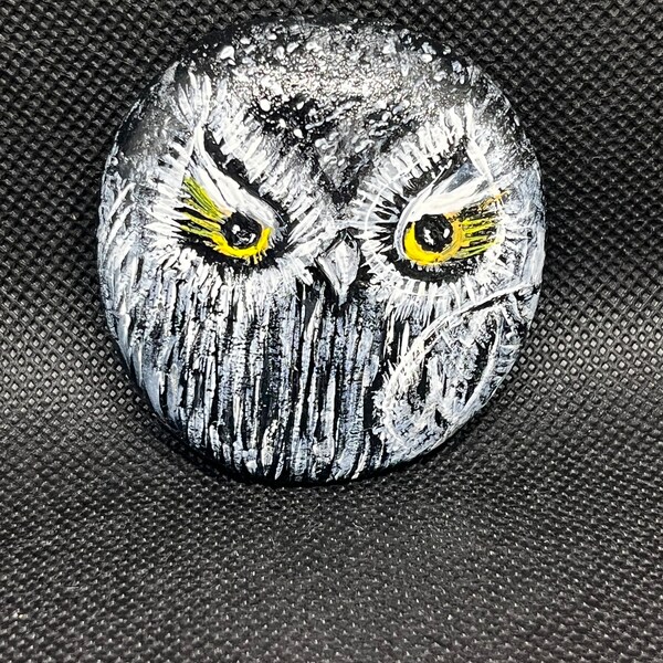 Black and white owl rock… Hand Painted Acrylic Rock.  Perfect for desk, refrigerator, or home decor.  Great gift idea.