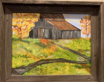 Handpainted Rustic Barn Painting; Fall pictures handpainted, One of a kind gift ideas, Path to Peace