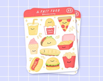Fast Food Sticker Sheet | Kiss Cut, Laptop/Waterbottle/Bullet Journal Decal, Cute Food Stickers, Pizza/Fries/Burger/Taco/Hot Dog Stickers