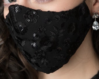 Gorgeous Black embroidered mask with flowers and sequins, reusable and washable with nose wire and adjustable elastic Straps