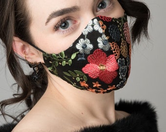 Beautiful Black Floral Embroidered Four layer reusable mask with nose wire and adjustable elastic Straps