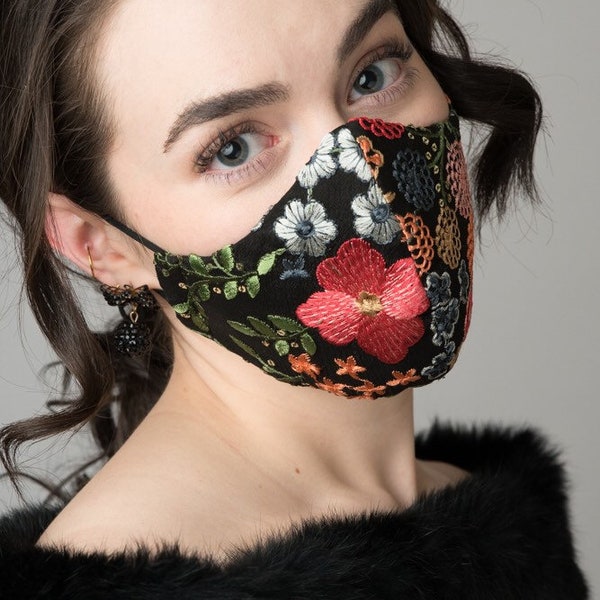 Beautiful Black Floral Embroidered Four layer reusable mask with nose wire and adjustable elastic Straps