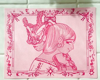 Moth Lovers Print: Monochromatic Pink Illustration (8.5x11in)