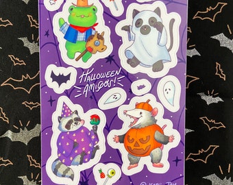 Halloween Critter Friends Glossy Sticker Sheet: Cowboy Frog, Ghost Cat