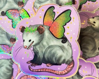 Fairy Opossum Sticker: Glitter Holographic Vinyl Sticker