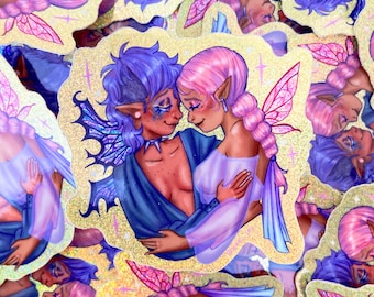 Lesbian Fairy Couple Sticker: Glitter Holo Vinyl, Waterproof