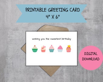 Printable Birthday Card, Birthday Cupcake Digital Download Greeting Card, Cute, Sweet Birthday Card, Instant Download, Printable