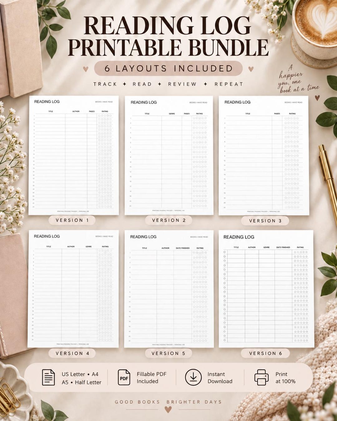 6 Printable Reading Logs | Book Tracker Bundle | Fillable PDF Reading ...