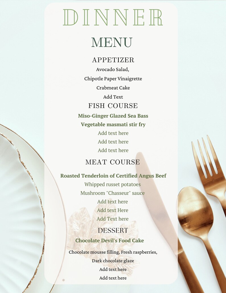 DINNER MENU, Elegant Dinner Menu, Dinner Party, Editable Dinner Menu