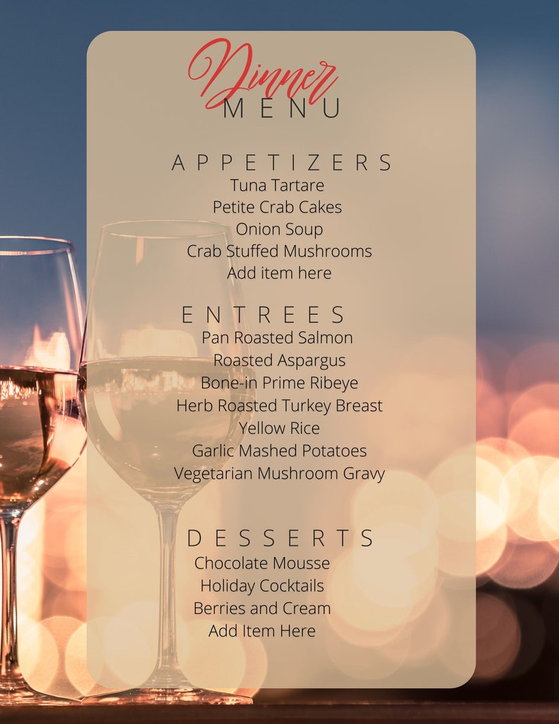 DINNER MENU, Elegant Dinner Menu, Dinner Party, Editable Dinner Menu