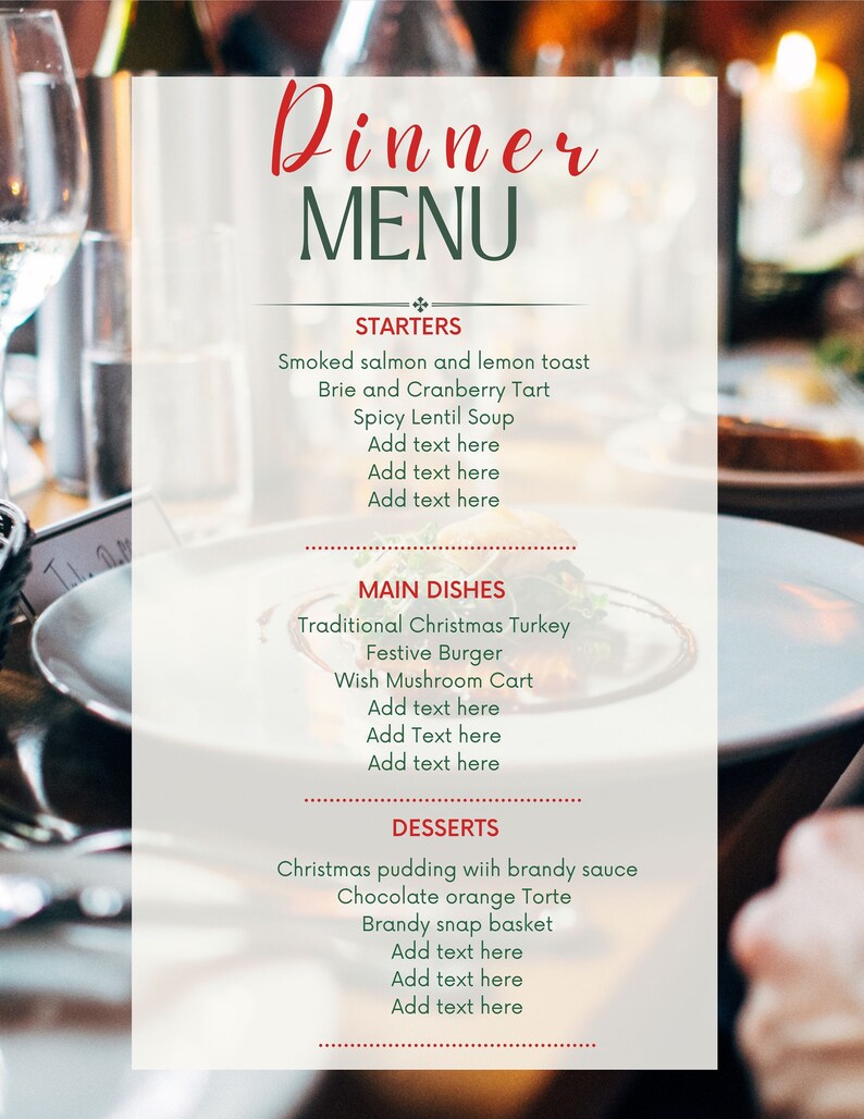DINNER MENU, Elegant Dinner Menu, Dinner Party, Editable Dinner Menu