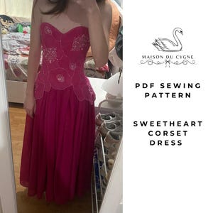 May include: A magenta sweetheart corset dress featuring a bodice with intricate beadwork and floral-shaped embroidery, paired with a long, flowing skirt. The text on the right reads MAISON DU CYGNE, PDF SEWING PATTERN, SWEETHEART CORSET DRESS.