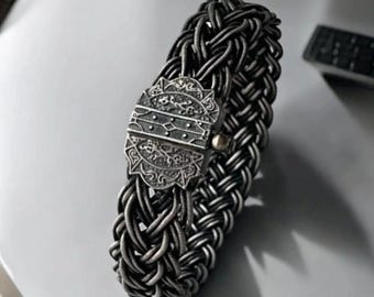 Handwoven 999 Fine Silver Men's Bracelet, Heavy Herringbone Mesh Cuff, Chunky Foxtail Woven Chain, Personalized Engraved Clasp Gift for Him