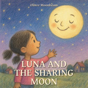 Może przedstawiać: Ilustracja z książki dla dzieci "Luna i Dzielący się Księżyc". Dziewczynka w różowej koszuli wyciąga rękę w stronę uśmiechniętego księżyca na gwiaździstym niebie. Imię autora, Oliver Moonbeam, widnieje u góry.