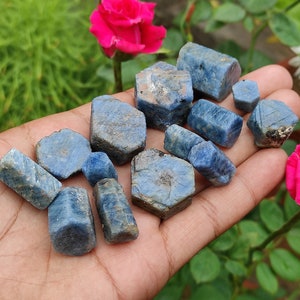 May include: A collection of rough, blue sapphire gemstones. The sapphires are various sizes and shapes, with some having a hexagonal shape. The sapphires are displayed on a hand.