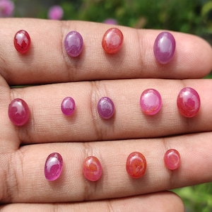 Puede incluir: Una colección de gemas ovaladas en tonos rojos y rosas, presentadas en una mano. Las gemas varían en tamaño, algunas son más translúcidas. Las piedras pulidas reflejan la luz, mostrando sus variaciones naturales de color. Las piedras se miden en milímetros.