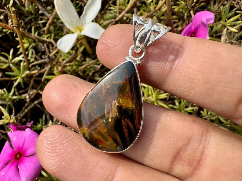 Fire Pietersite Pendant - Natural Storm Stone Jewelry - Blue and Gold Chatoyant Gemstone Necklace image 6