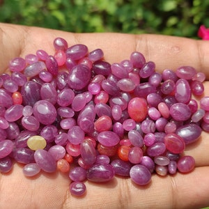 May include: A collection of polished, oval-shaped gemstones in varying shades of pink and red. The gemstones are smooth and glossy, with a range of sizes. The gems are held in a hand, with a blurred green background.