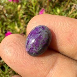 May include: A polished, oval-shaped gemstone with a mix of purple and gray hues. The stone is held between fingers, showcasing its smooth, reflective surface. The gemstone's color is a deep purple with gray veining.