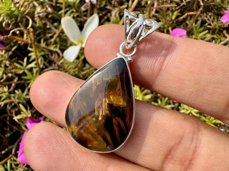 Fire Pietersite Pendant - Natural Storm Stone Jewelry - Blue and Gold Chatoyant Gemstone Necklace image 7