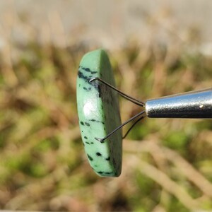 Peut inclure: Une pierre pr&eacute;cieuse cabochon verte et noire avec une surface lisse et polie. La pierre pr&eacute;cieuse est maintenue dans une pince en m&eacute;tal.
