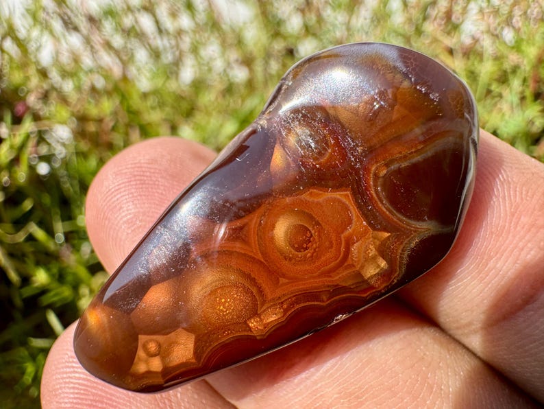 May include: A polished, teardrop-shaped fire agate gemstone featuring deep reddish-brown tones and translucent, layered orbicular patterns that create a glowing, multi-dimensional effect across the smooth, reflective surface of the stone.