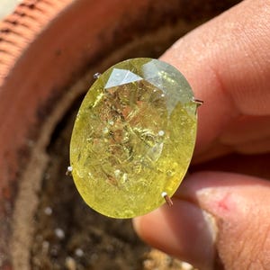 Pode incluir: Uma gema facetada, em forma oval e de cor amarelo pálido. A gema é mantida no lugar por quatro pequenas garras de metal. A pedra tem inclusões internas e uma superfície brilhante e reflexiva.