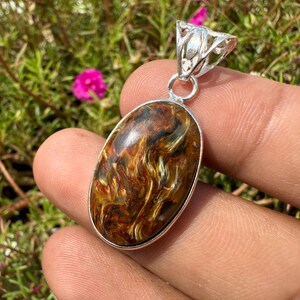 May include: Oval pendant with a polished tiger's eye stone, showcasing swirling patterns of brown, gold, and black. The stone is set in a silver-colored metal frame with a decorative bail. The pendant is held against a background of green foliage and pink flowers.