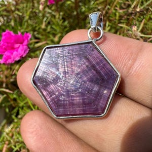 Puede incluir: Un colgante hexagonal con un marco plateado. El colgante presenta una gema púrpura grande y pulida con un patrón de estrella. El fondo incluye follaje verde y una flor rosa brillante.