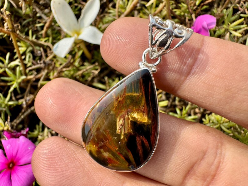 Fire Pietersite Pendant - Natural Storm Stone Jewelry - Blue and Gold Chatoyant Gemstone Necklace image 5