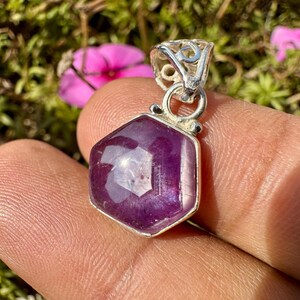 Könnte beinhalten: Ein sechseckiger, tiefvioletter Edelsteinanhänger mit einer silbernen Öse. Der Anhänger wird vor einem Hintergrund aus grünem Laub und rosa Blüten gehalten. Der Edelstein hat eine facettierte Oberfläche, die das Licht reflektiert.
