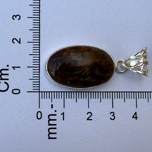 May include: Oval pendant with a brown and tan stone set in a silver-colored metal frame. The pendant measures approximately 1.5 inches in length. The stone has a marbled appearance. The bail is a decorative floral design.