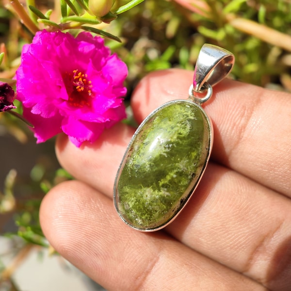 VESUVIANITE Pendant - Natural Idocrase Pendant - Sterling Silver Pendant - Handmade jewelry - Beautiful Green Vesuvianite Pendant, vessonite