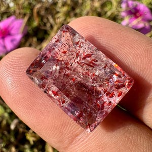 Puede incluir: Una gema rectangular con una base transparente, que muestra un patrón complejo de inclusiones rojas. La gema se sostiene en una mano, con un fondo borroso de follaje verde y flores rosas. Las facetas de la piedra capturan la luz.