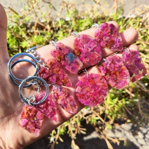 May include: A set of pink and clear resin keychains with small pink crystals embedded inside. Each keychain features a different shape, including a heart, a circle, and a teardrop. The keychains are attached to silver key rings.