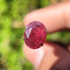 May include: A deep red oval-shaped gemstone with a faceted cut. The gemstone is held in place by four prongs.