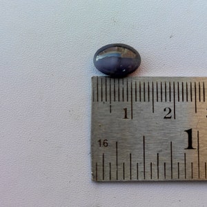 K&ouml;nnte beinhalten: Ein ovaler, dunkelvioletter Edelstein mit einer L&auml;nge von etwa 2,5 cm, neben einem Lineal.