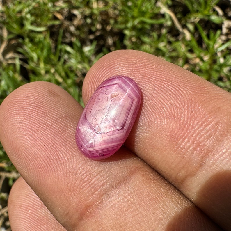 May include: A pink star ruby cabochon gemstone with a hexagonal pattern. The gemstone is oval shaped and has a smooth, polished surface.