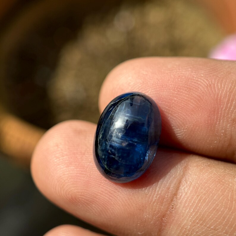 May include: A dark blue oval-shaped gemstone with a chatoyant effect. The gemstone is held in a hand.