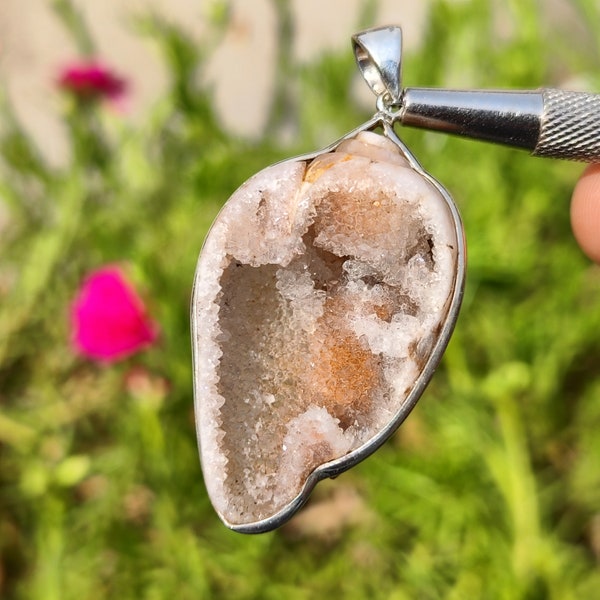FOSSIL DRUZY SHELL - Fossilized shell druzy pendant - Natural fossil shell geode - crystal cluster druzy - fossil pendant