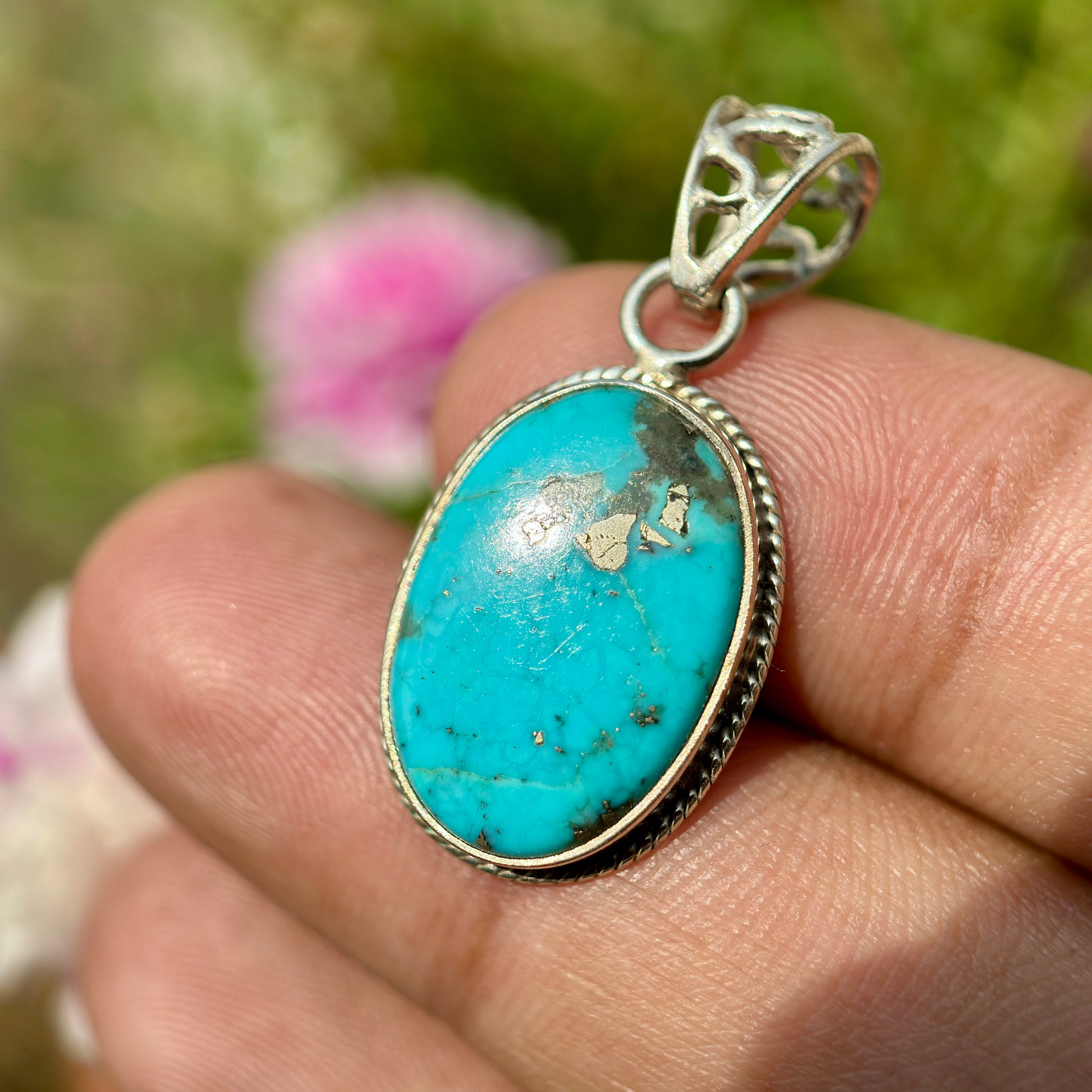 Natural Turquoise Pendant Sterling Silver -tibetan Turquoise Stone