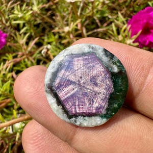 Pode incluir: Uma pedra preciosa redonda com um padrão estelar em tons de roxo e branco, sobre um fundo verde escuro e branco. A pedra preciosa é segurada em uma mão, com flores rosa e folhagem verde ao fundo.