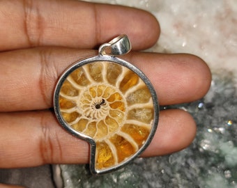 Ammonite Fossil Sterling Silver Pendant – Handcrafted Crystalized Design