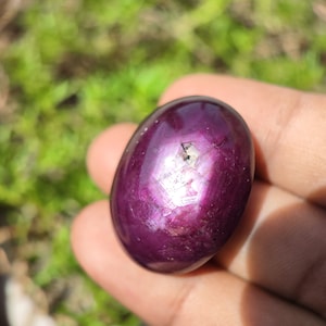 May include: A deep purple gemstone with a star-like pattern, known as a star ruby, is held in a hand. The stone is oval-shaped and has a smooth, polished surface.