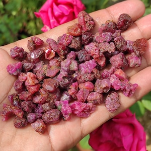 May include: A collection of small, rough, red ruby gemstones. The rubies are various shades of red and pink, and some have a slightly metallic sheen.