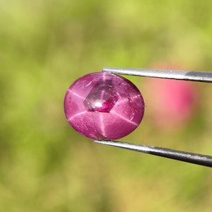 Może przedstawiać: Różowy rubin gwiaździsty z gwiaździstym wzorem w środku. Rubin jest trzymany przez pęsetę.
