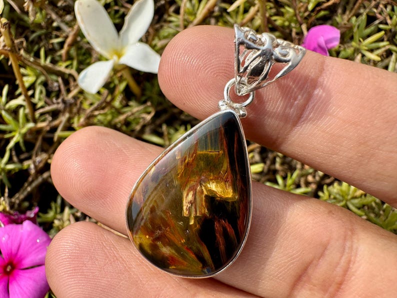 Fire Pietersite Pendant - Natural Storm Stone Jewelry - Blue and Gold Chatoyant Gemstone Necklace image 4