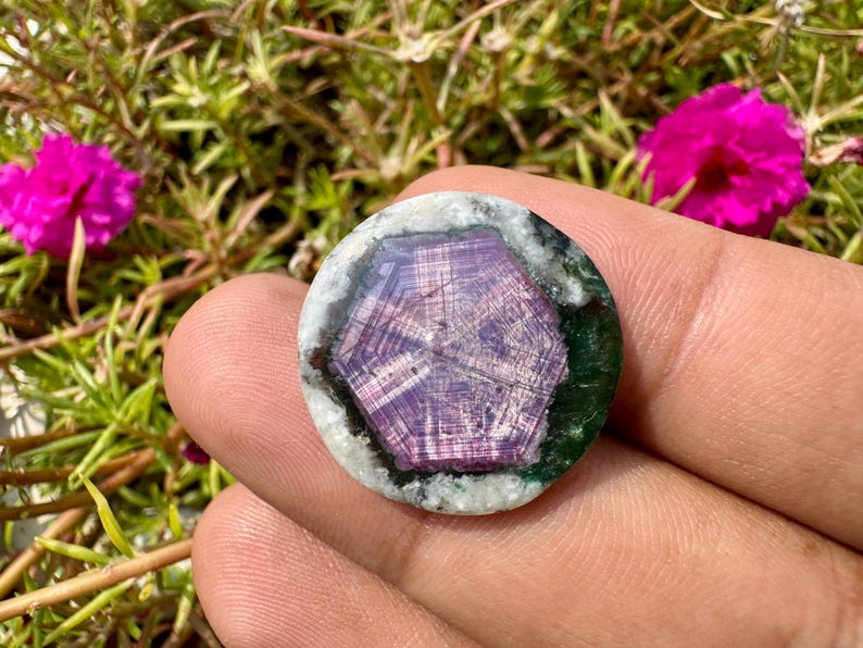 K&ouml;nnte beinhalten: Ein runder Edelstein mit einem zentralen, sternf&ouml;rmigen Muster in Lila, umgeben von gr&uuml;nen und wei&szlig;en Schichten. Der Edelstein wird in einer Hand gehalten, mit rosa Bl&uuml;ten und gr&uuml;nem Laub im Hintergrund.