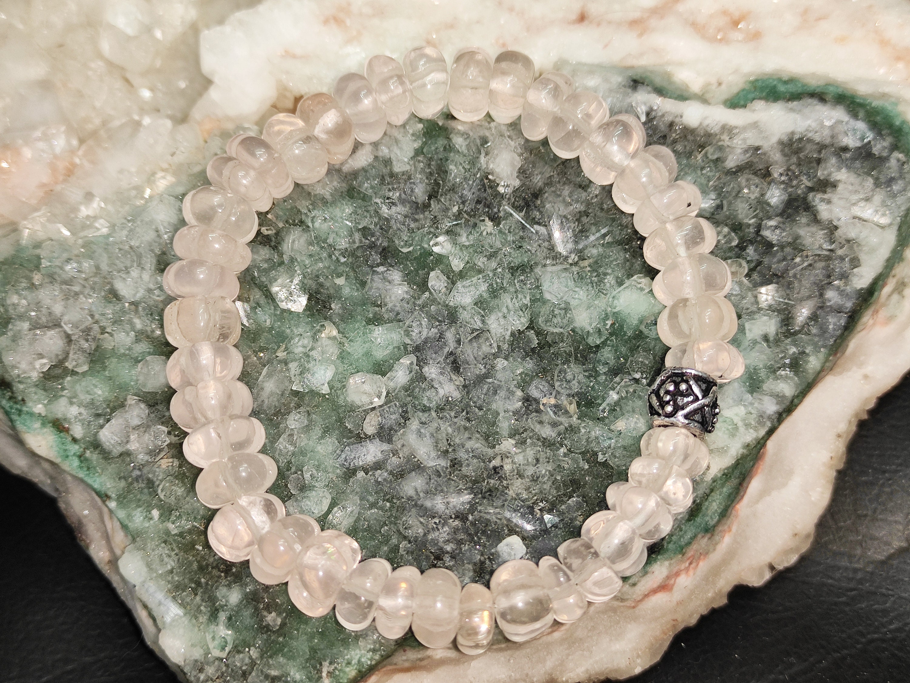 ROSE QUARTZ Carved Crystal Bracelet - rose quartz - healing bracelet - chakra stone - muskmelon rose quartz beads - stone of love