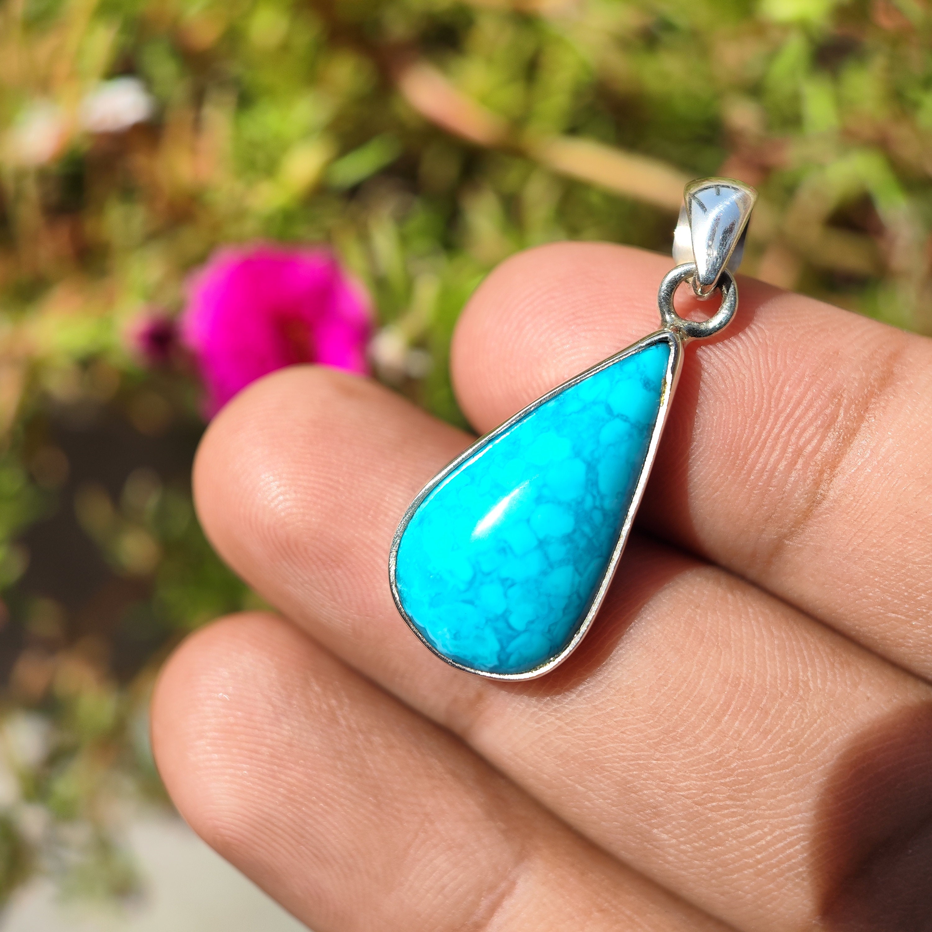 Tibetan Turquoise Pendant – Teardrop Sterling Silver Healing